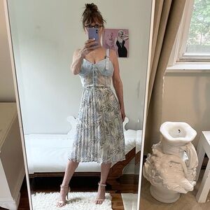 WHITE BLUE BLACK LEAF PRINT PLEATED SKIRT STRETCH WAIST LINED OPEN FIT